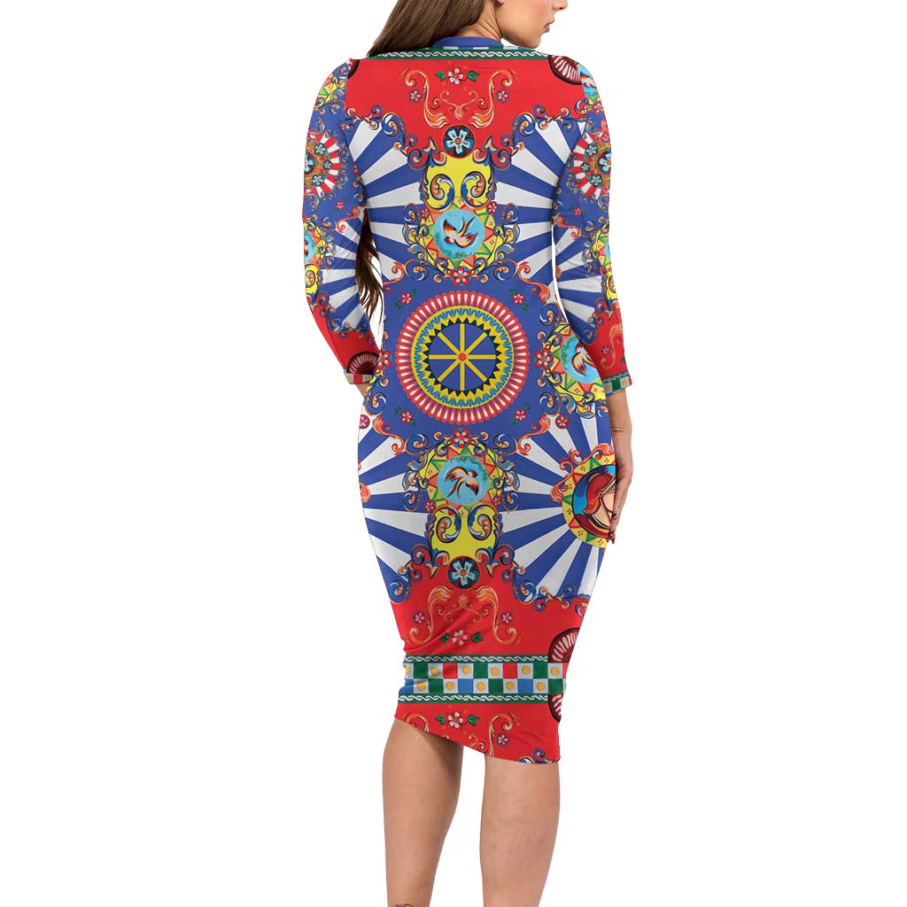 Sicily Italy Carretto Siciliano Long Sleeve Bodycon Dress Sicilian Cart Floral Patterns