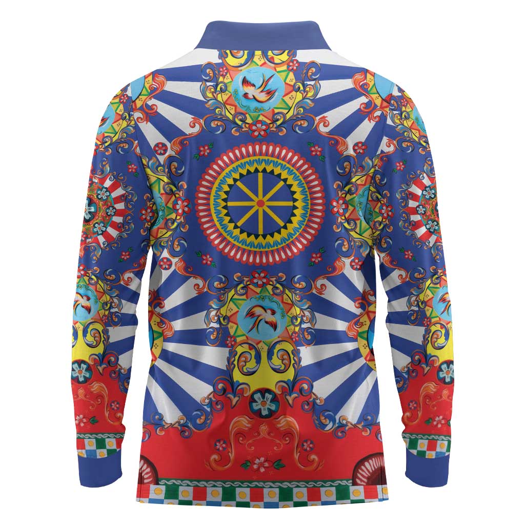 Sicily Italy Carretto Siciliano Long Sleeve Polo Shirt Sicilian Cart Floral Patterns