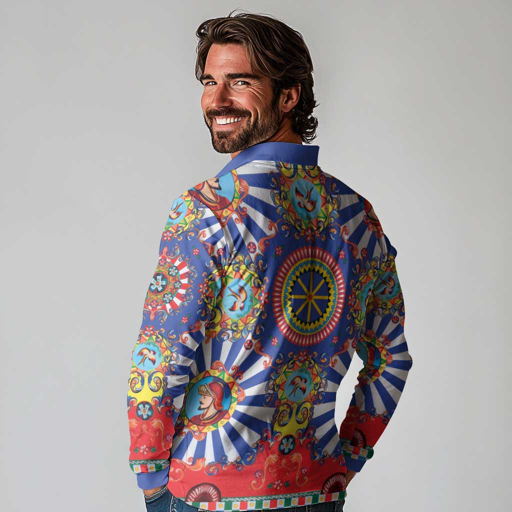 Sicily Italy Carretto Siciliano Long Sleeve Polo Shirt Sicilian Cart Floral Patterns