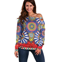 Sicily Italy Carretto Siciliano Off Shoulder Sweater Sicilian Cart Floral Patterns