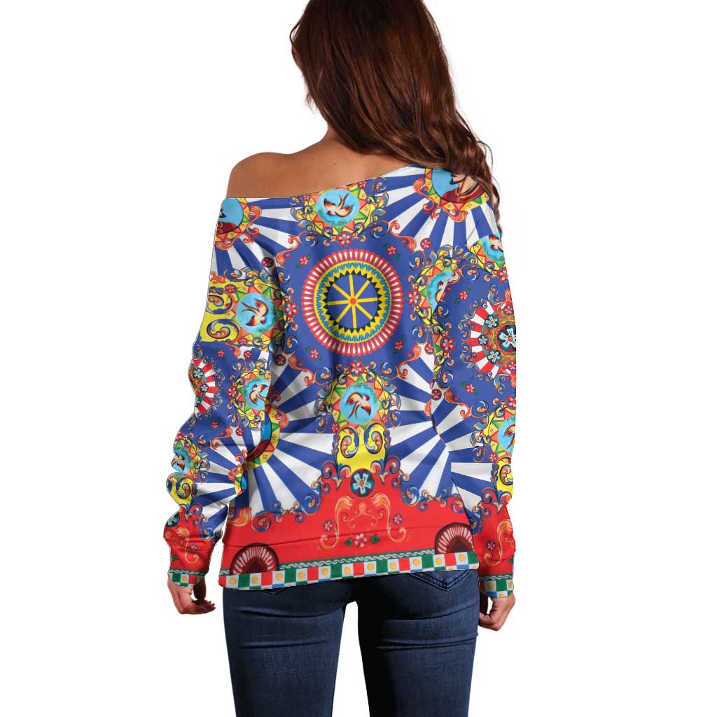 Sicily Italy Carretto Siciliano Off Shoulder Sweater Sicilian Cart Floral Patterns