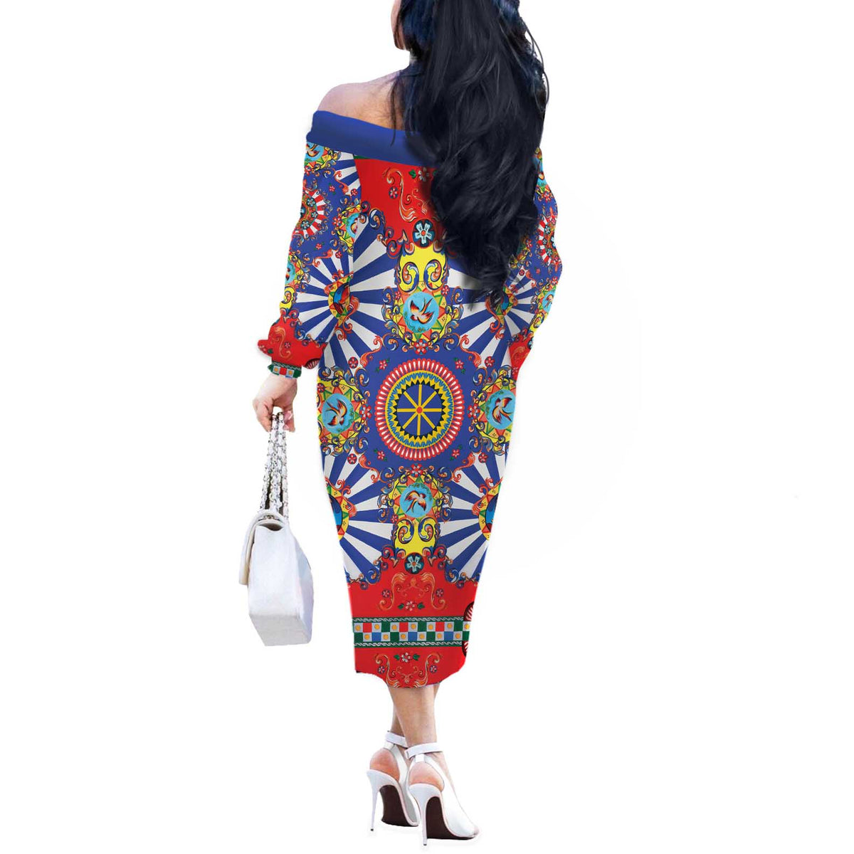 Sicily Italy Carretto Siciliano Off The Shoulder Long Sleeve Dress Sicilian Cart Floral Patterns