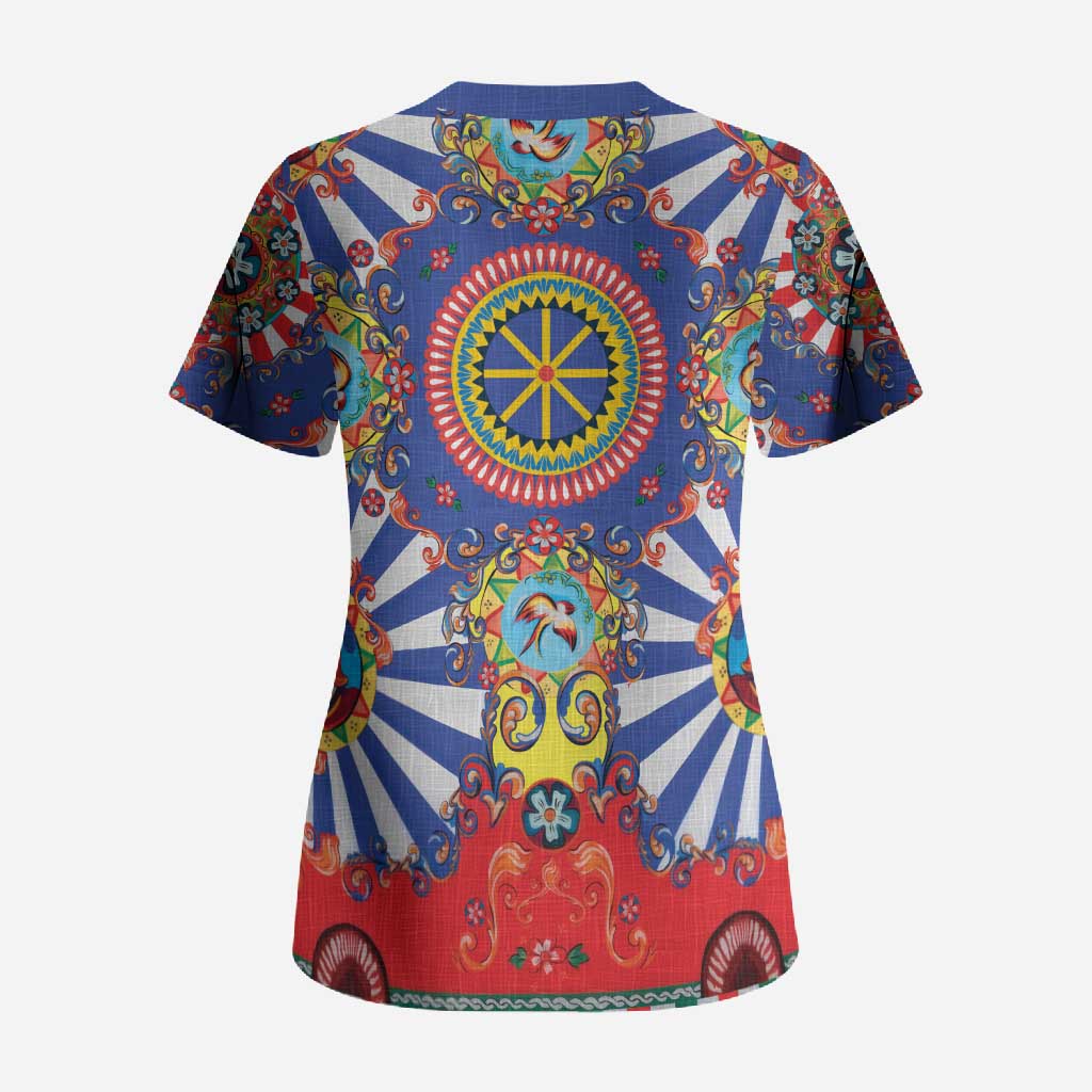 Sicily Italy Carretto Siciliano Scrub Top Sicilian Cart Floral Patterns