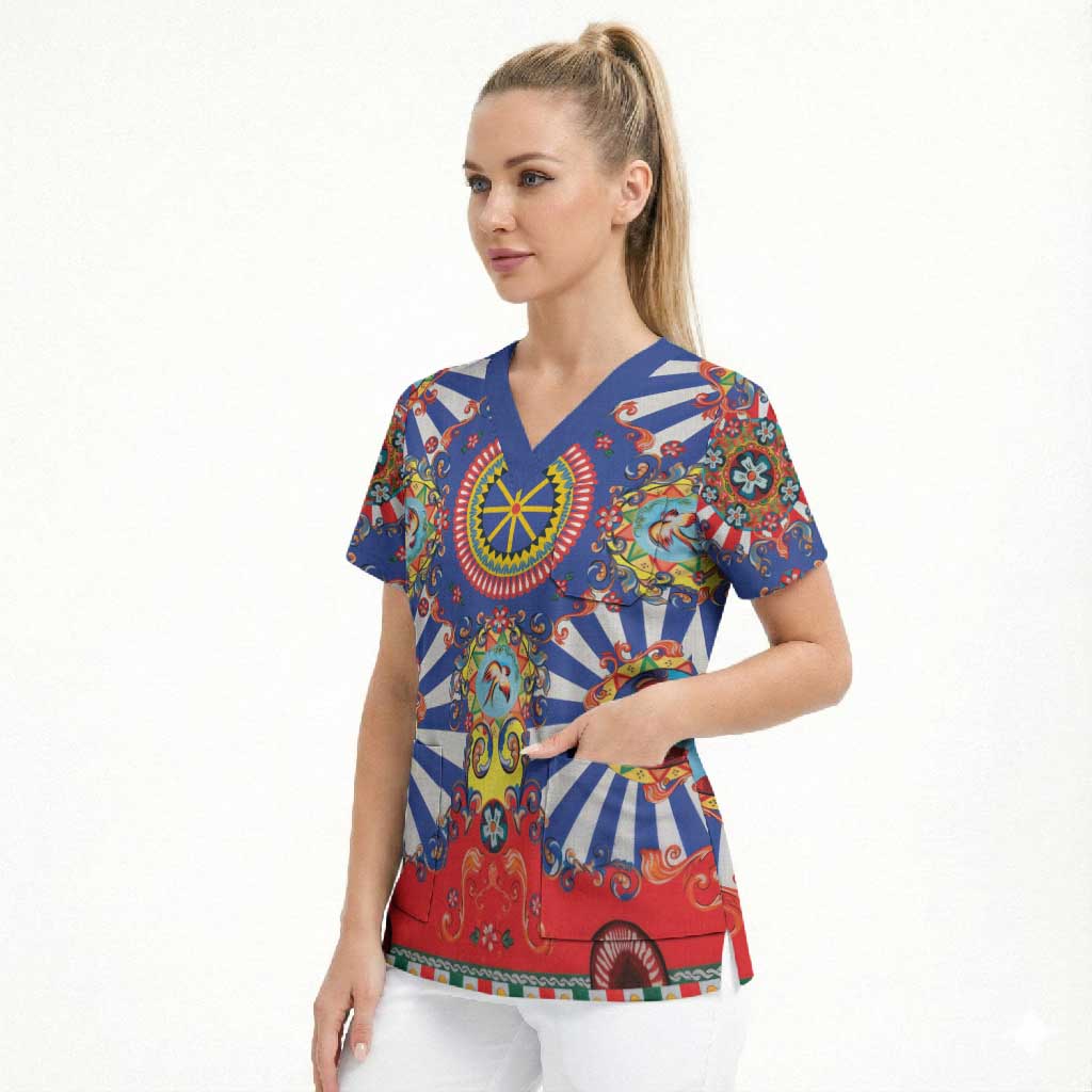 Sicily Italy Carretto Siciliano Scrub Top Sicilian Cart Floral Patterns