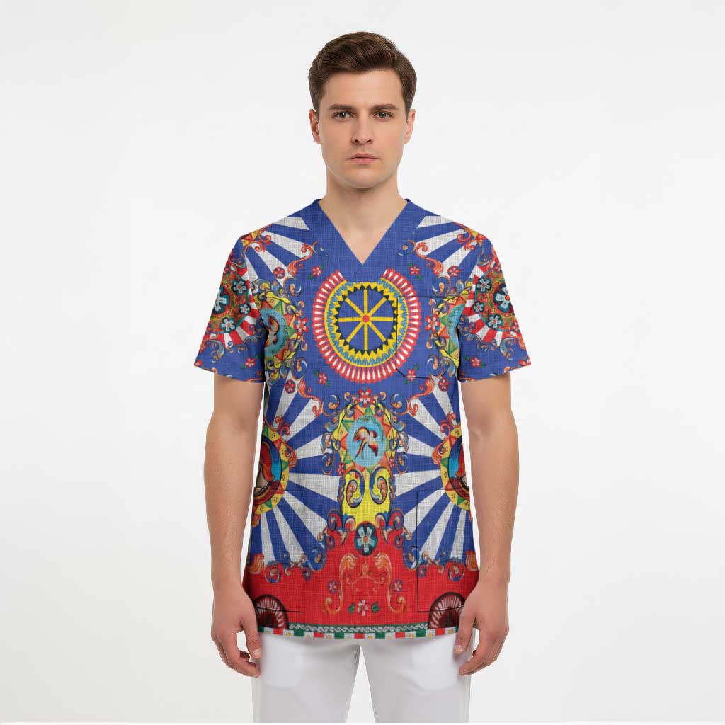 Sicily Italy Carretto Siciliano Scrub Top Sicilian Cart Floral Patterns
