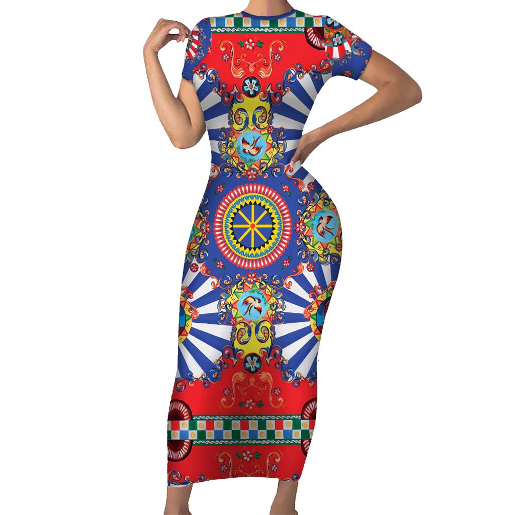 Sicily Italy Carretto Siciliano Short Sleeve Bodycon Dress Sicilian Cart Floral Patterns