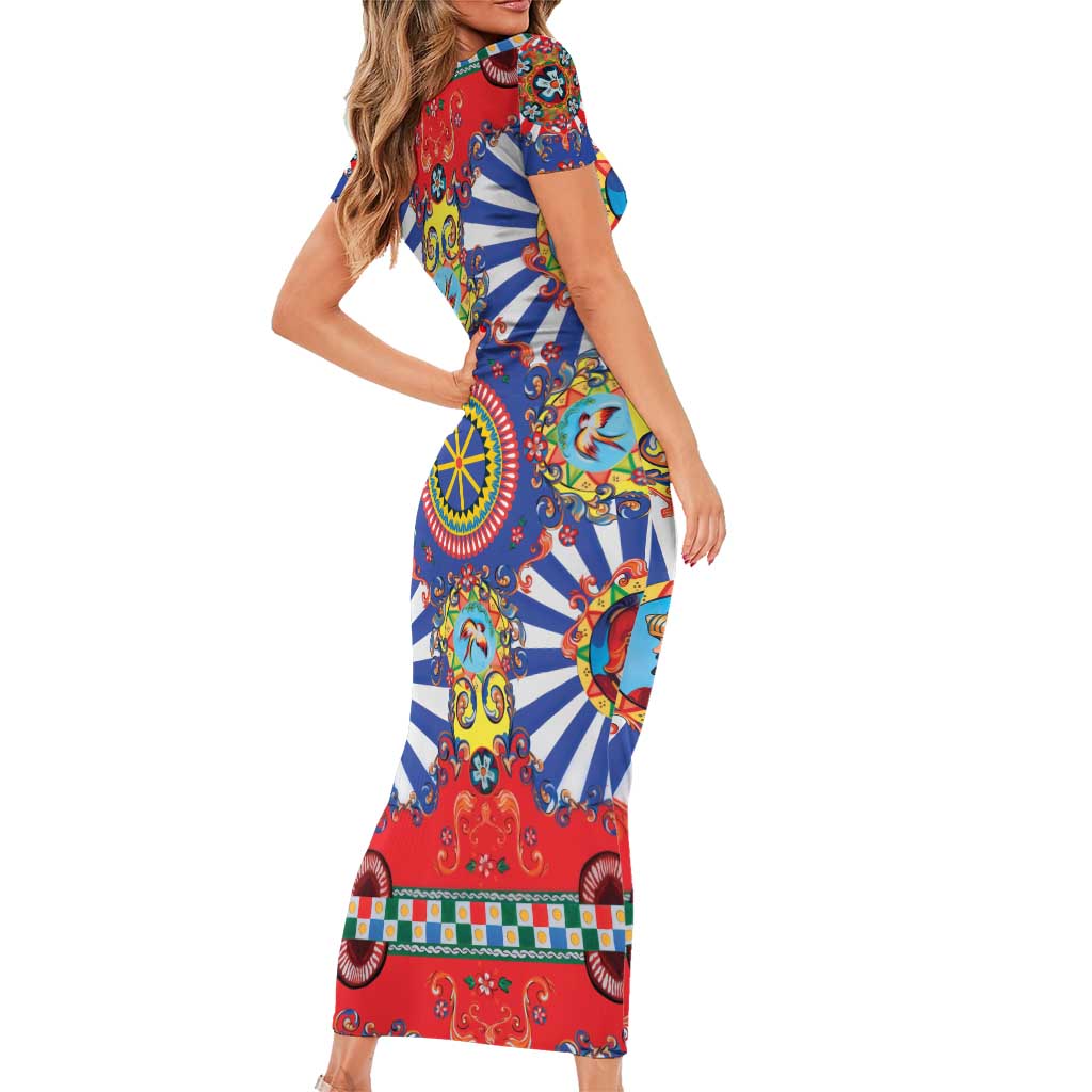 Sicily Italy Carretto Siciliano Short Sleeve Bodycon Dress Sicilian Cart Floral Patterns