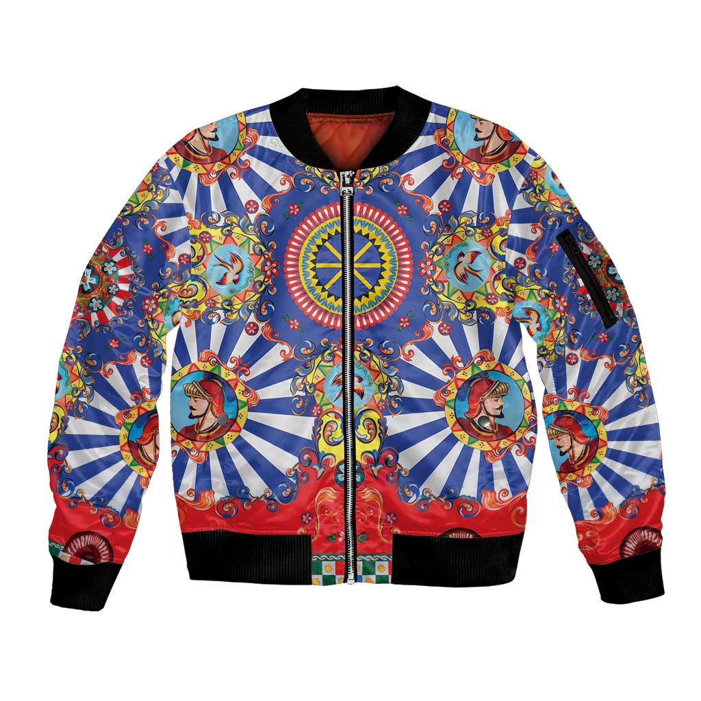 Sicily Italy Carretto Siciliano Sleeve Zip Bomber Jacket Sicilian Cart Floral Patterns