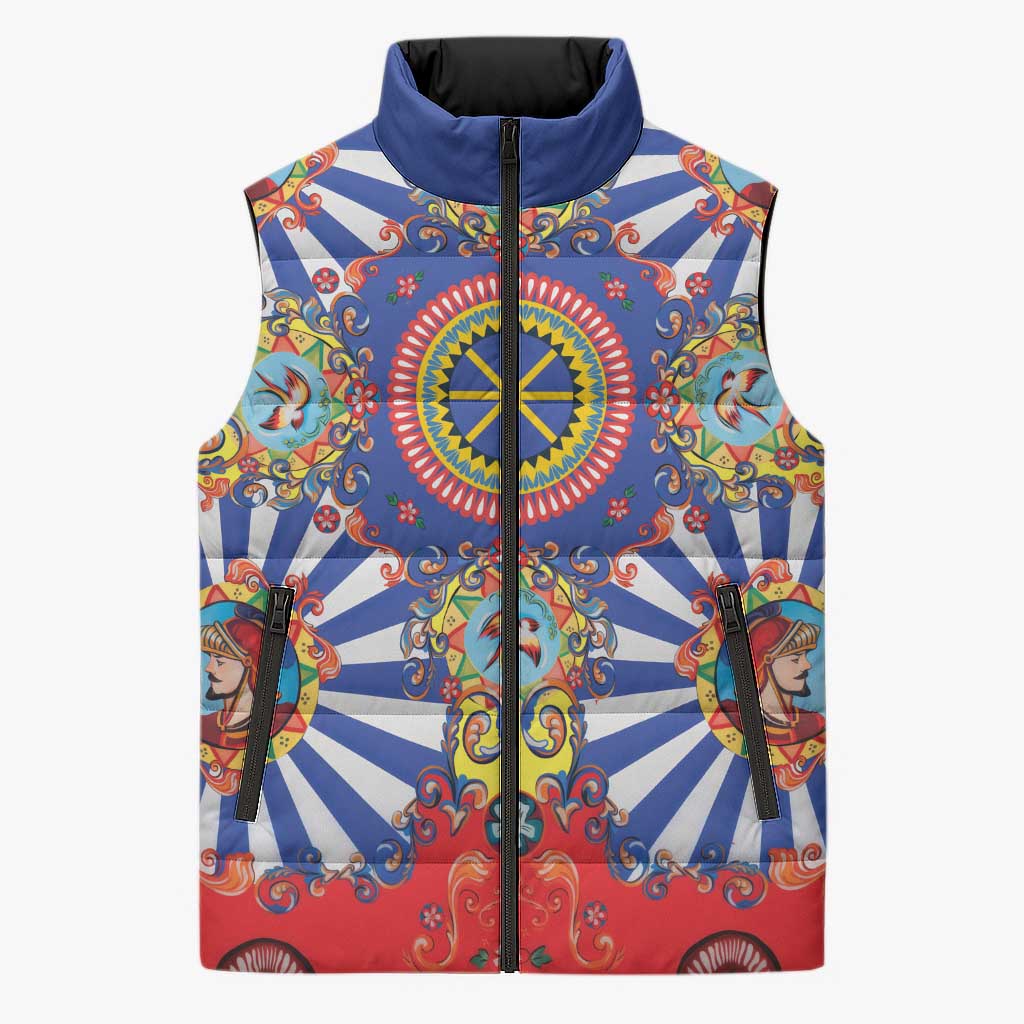 Sicily Italy Carretto Siciliano Sleeveless Puffer Jacket Sicilian Cart Floral Patterns