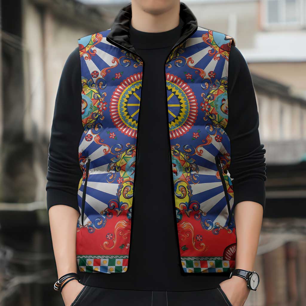Sicily Italy Carretto Siciliano Sleeveless Puffer Jacket Sicilian Cart Floral Patterns