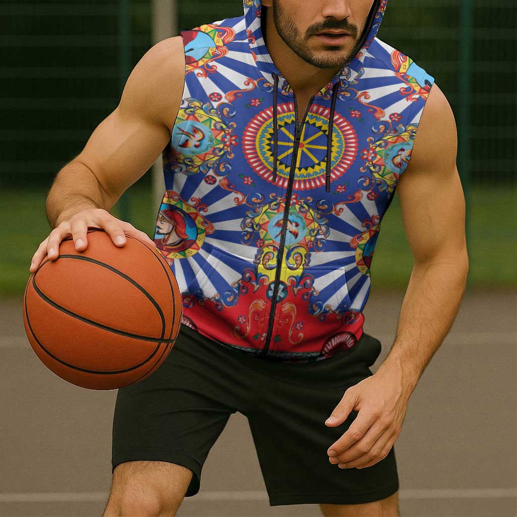 Sicily Italy Carretto Siciliano Sleeveless Zip Hoodie Sicilian Cart Floral Patterns