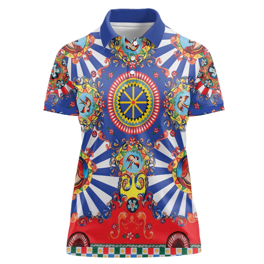 Sicily Italy Carretto Siciliano Women Polo Shirt Sicilian Cart Floral Patterns