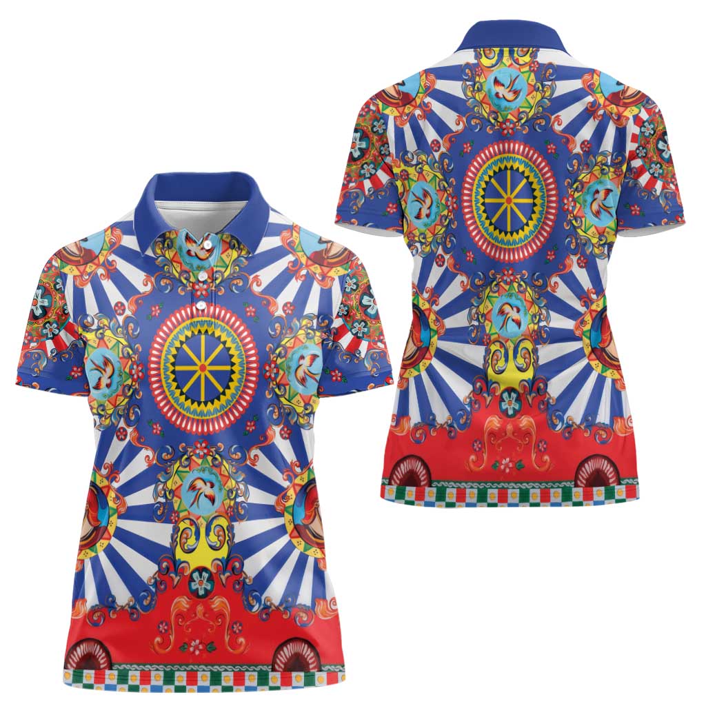 Sicily Italy Carretto Siciliano Women Polo Shirt Sicilian Cart Floral Patterns