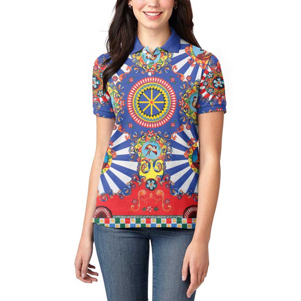 Sicily Italy Carretto Siciliano Women Polo Shirt Sicilian Cart Floral Patterns