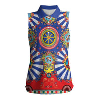 Sicily Italy Carretto Siciliano Women Sleeveless Polo Shirt Sicilian Cart Floral Patterns