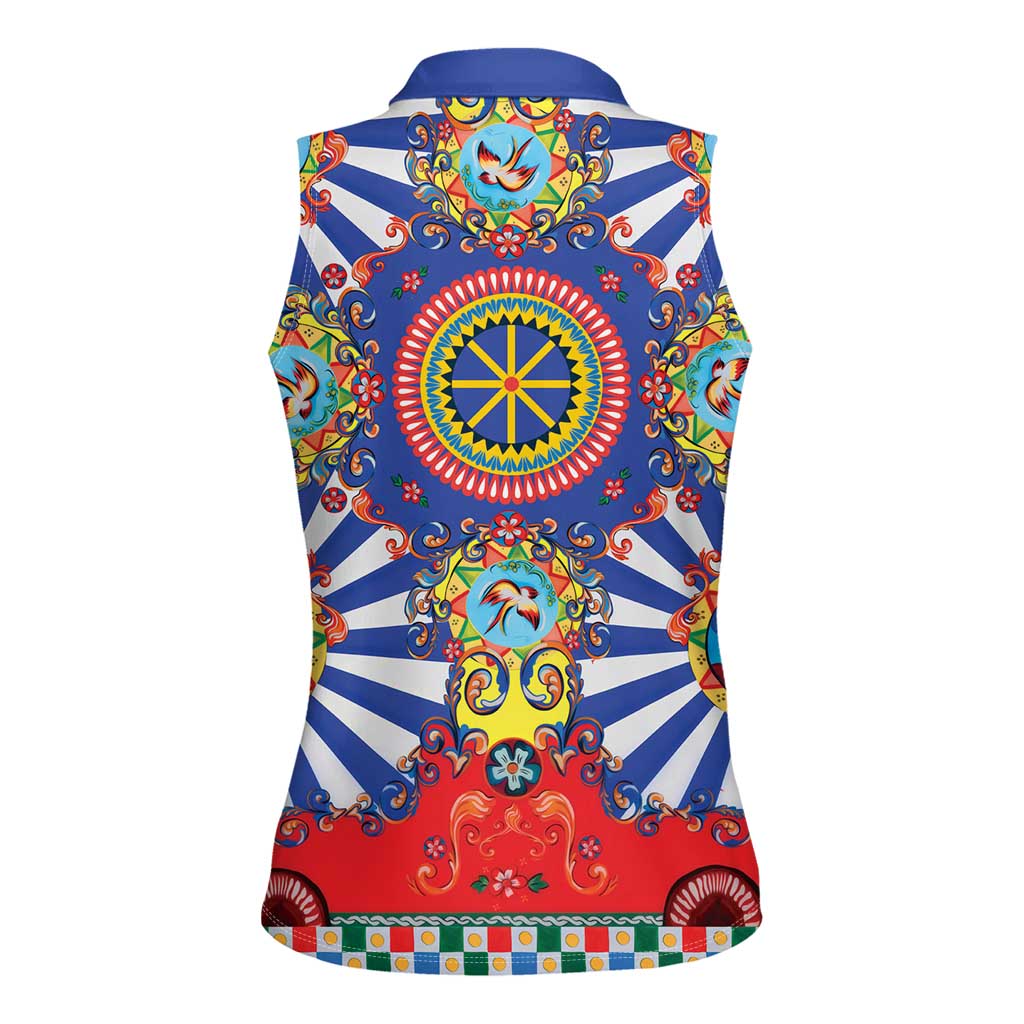 Sicily Italy Carretto Siciliano Women Sleeveless Polo Shirt Sicilian Cart Floral Patterns