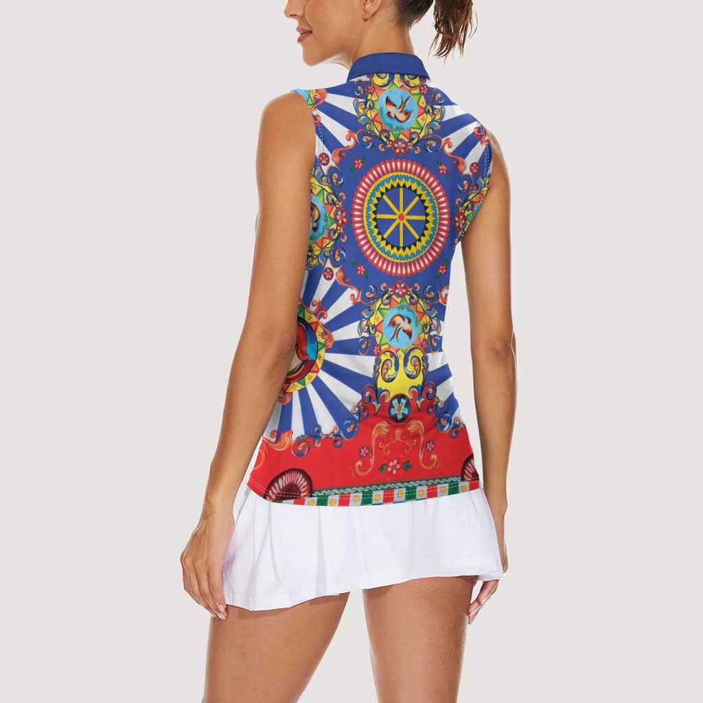 Sicily Italy Carretto Siciliano Women Sleeveless Polo Shirt Sicilian Cart Floral Patterns