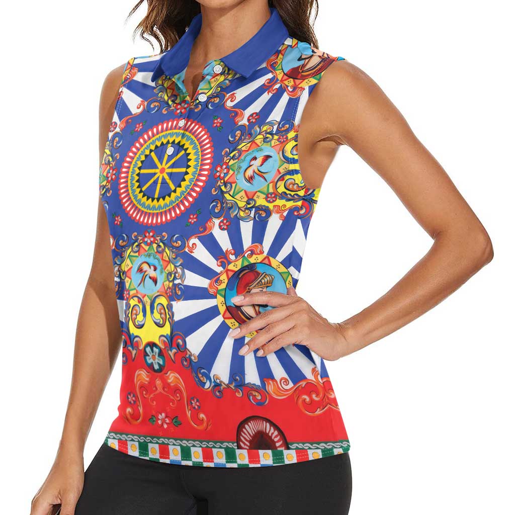 Sicily Italy Carretto Siciliano Women Sleeveless Polo Shirt Sicilian Cart Floral Patterns