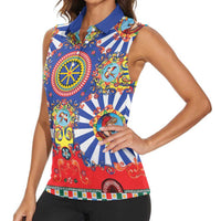 Sicily Italy Carretto Siciliano Women Sleeveless Polo Shirt Sicilian Cart Floral Patterns