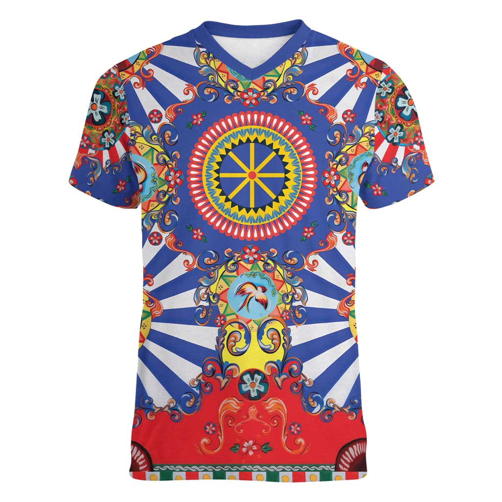Sicily Italy Carretto Siciliano Women V-Neck T-Shirt Sicilian Cart Floral Patterns