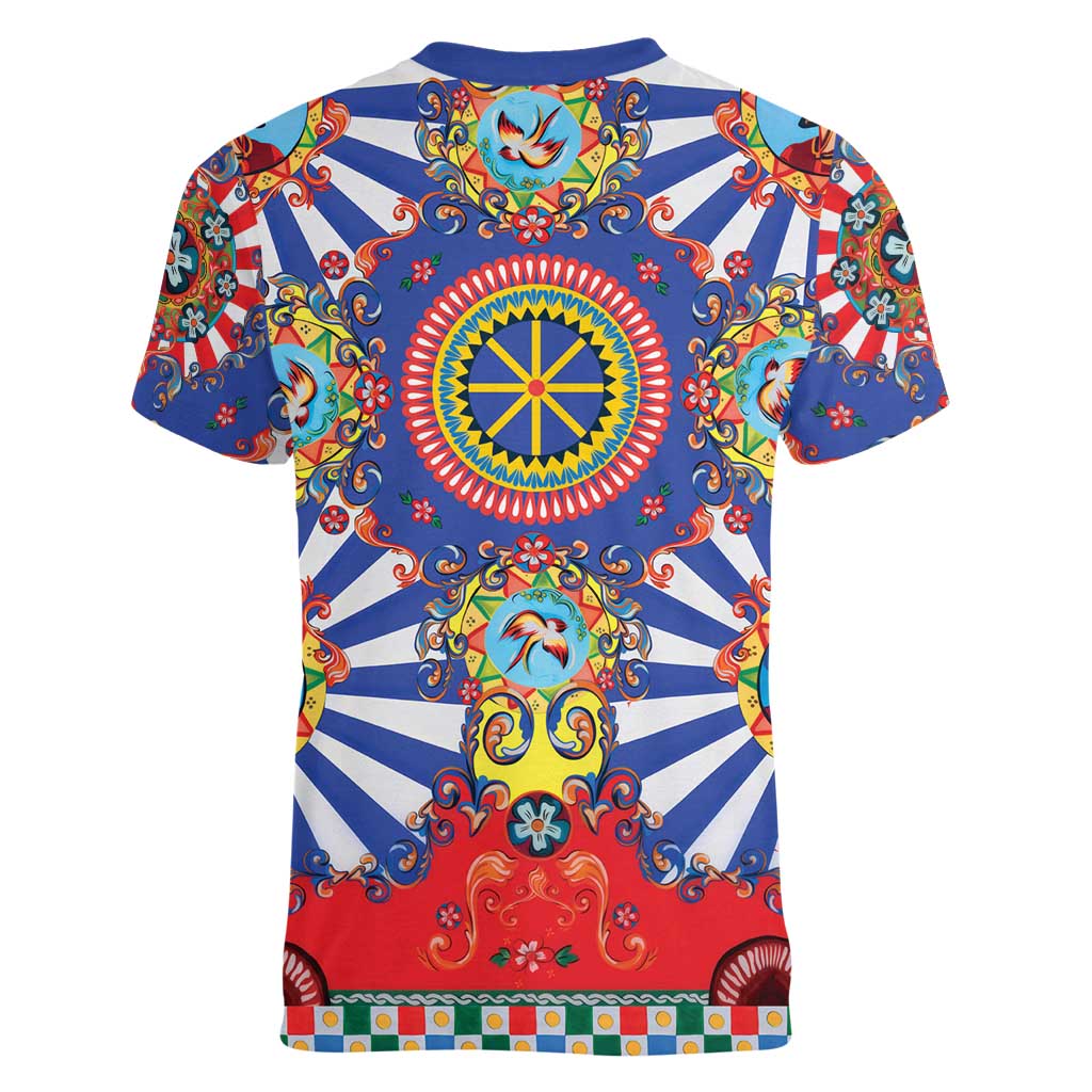 Sicily Italy Carretto Siciliano Women V-Neck T-Shirt Sicilian Cart Floral Patterns