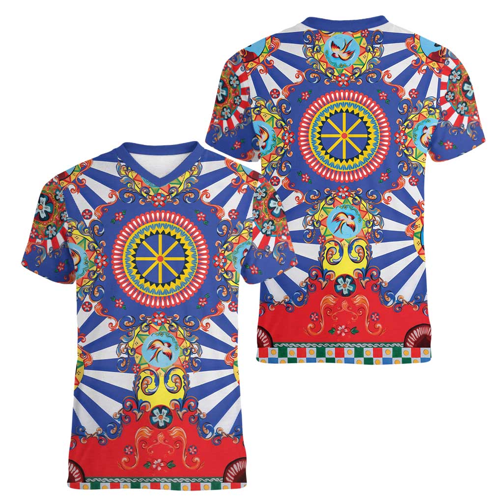 Sicily Italy Carretto Siciliano Women V-Neck T-Shirt Sicilian Cart Floral Patterns