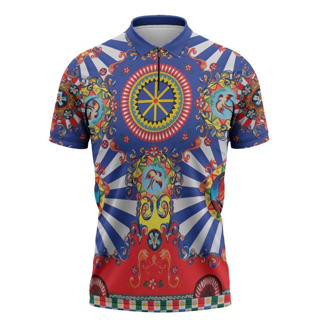 Sicily Italy Carretto Siciliano Zipper Polo Shirt Sicilian Cart Floral Patterns