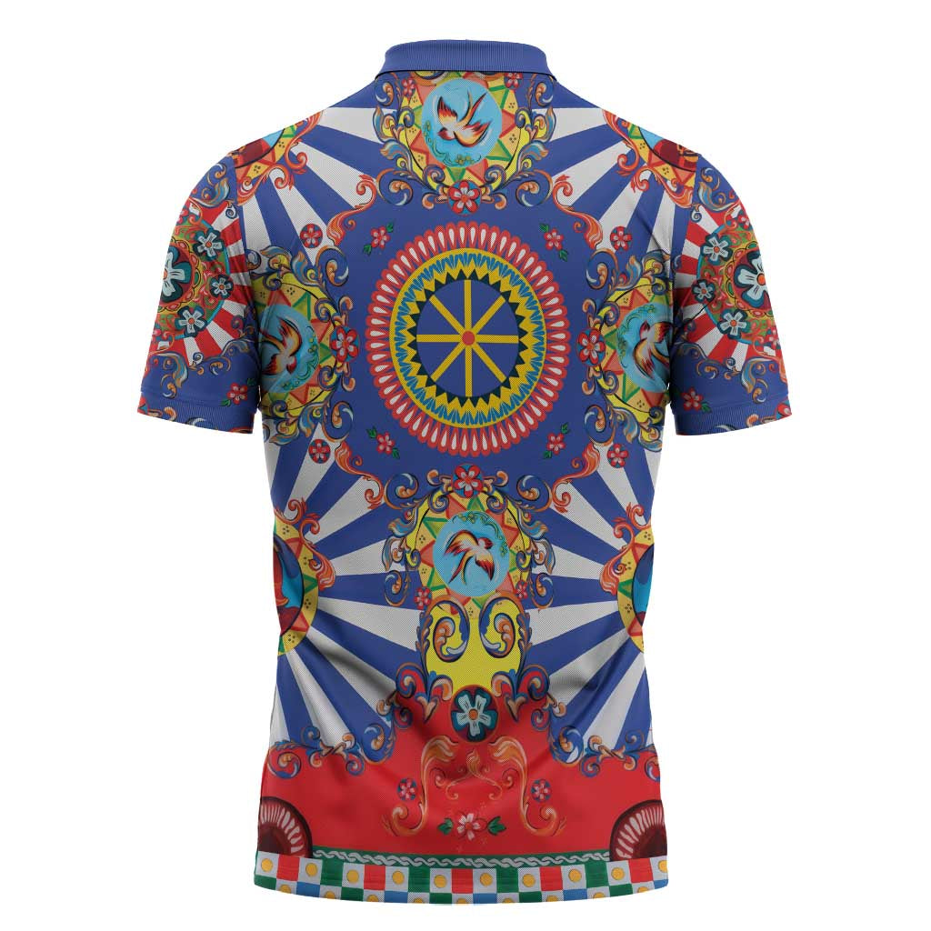 Sicily Italy Carretto Siciliano Zipper Polo Shirt Sicilian Cart Floral Patterns