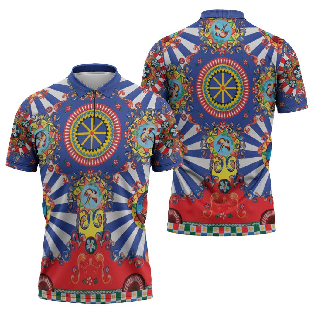 Sicily Italy Carretto Siciliano Zipper Polo Shirt Sicilian Cart Floral Patterns
