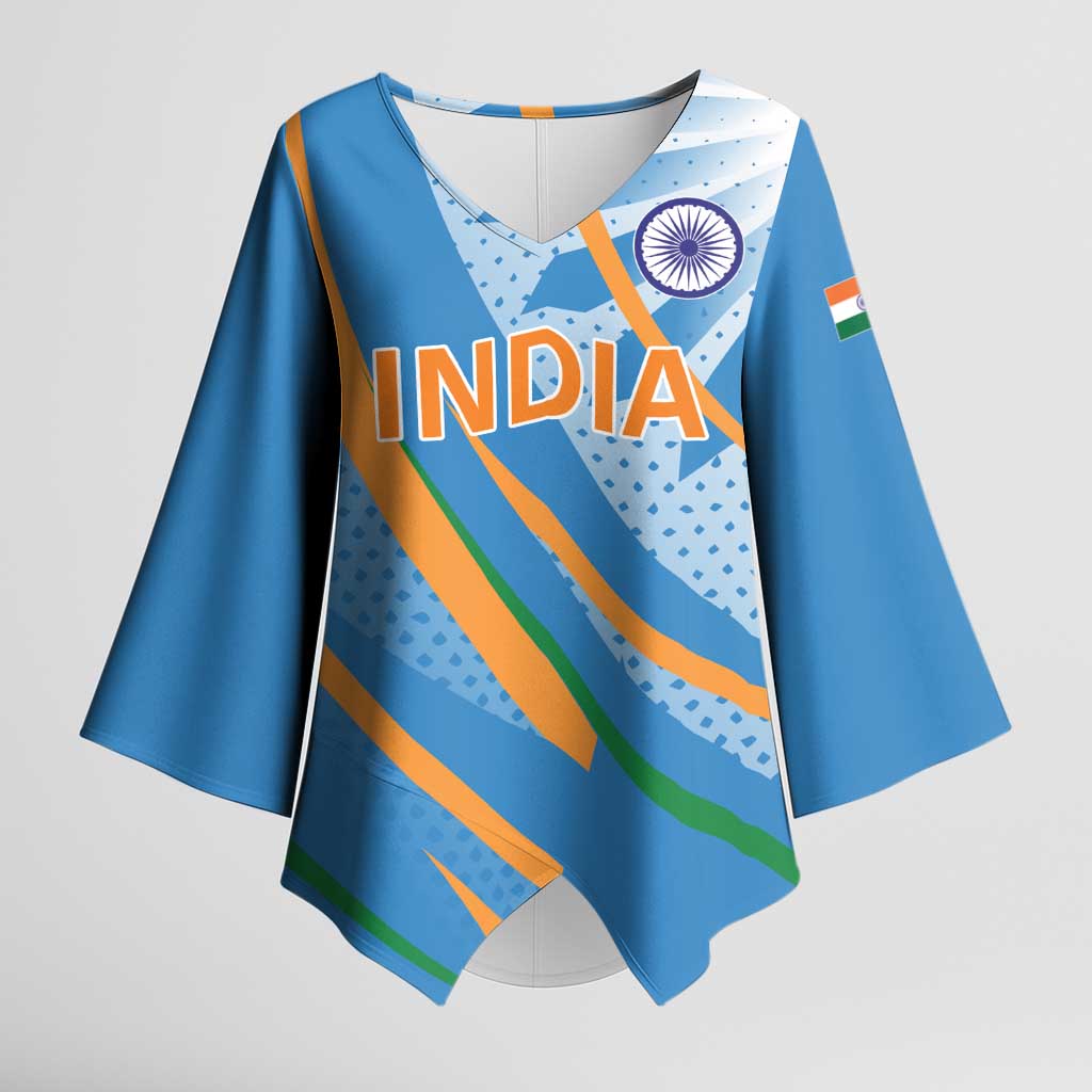 Custom India Cricket Kimono Sleeve Blouse Tricolor with Ashoka Chakra