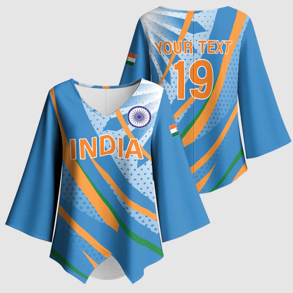 Custom India Cricket Kimono Sleeve Blouse Tricolor with Ashoka Chakra