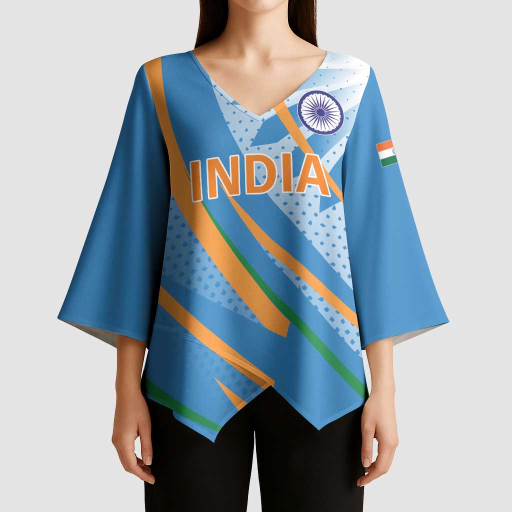 Custom India Cricket Kimono Sleeve Blouse Tricolor with Ashoka Chakra