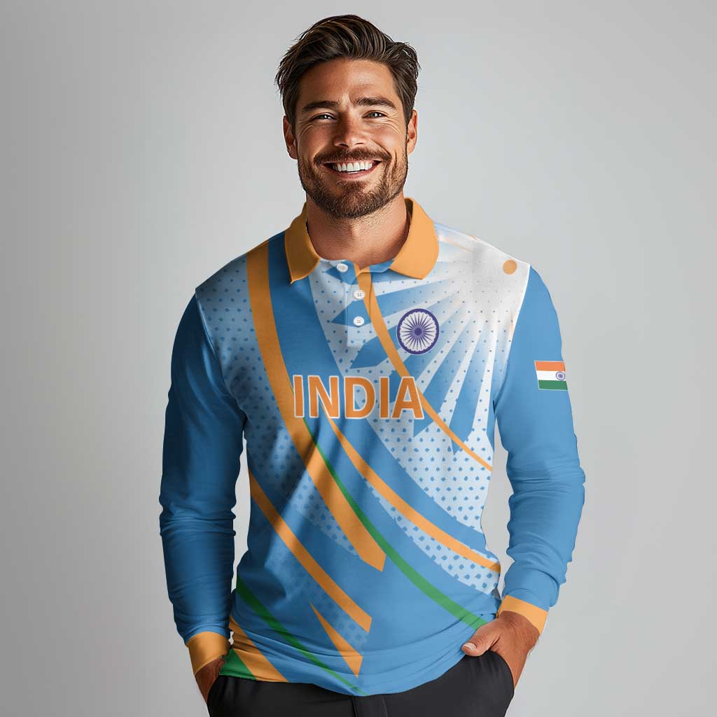 Custom India Cricket Long Sleeve Polo Shirt Tricolor with Ashoka Chakra