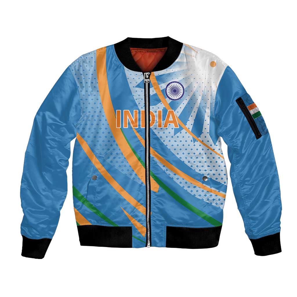 Custom India Cricket Sleeve Zip Bomber Jacket Tricolor with Ashoka Chakra