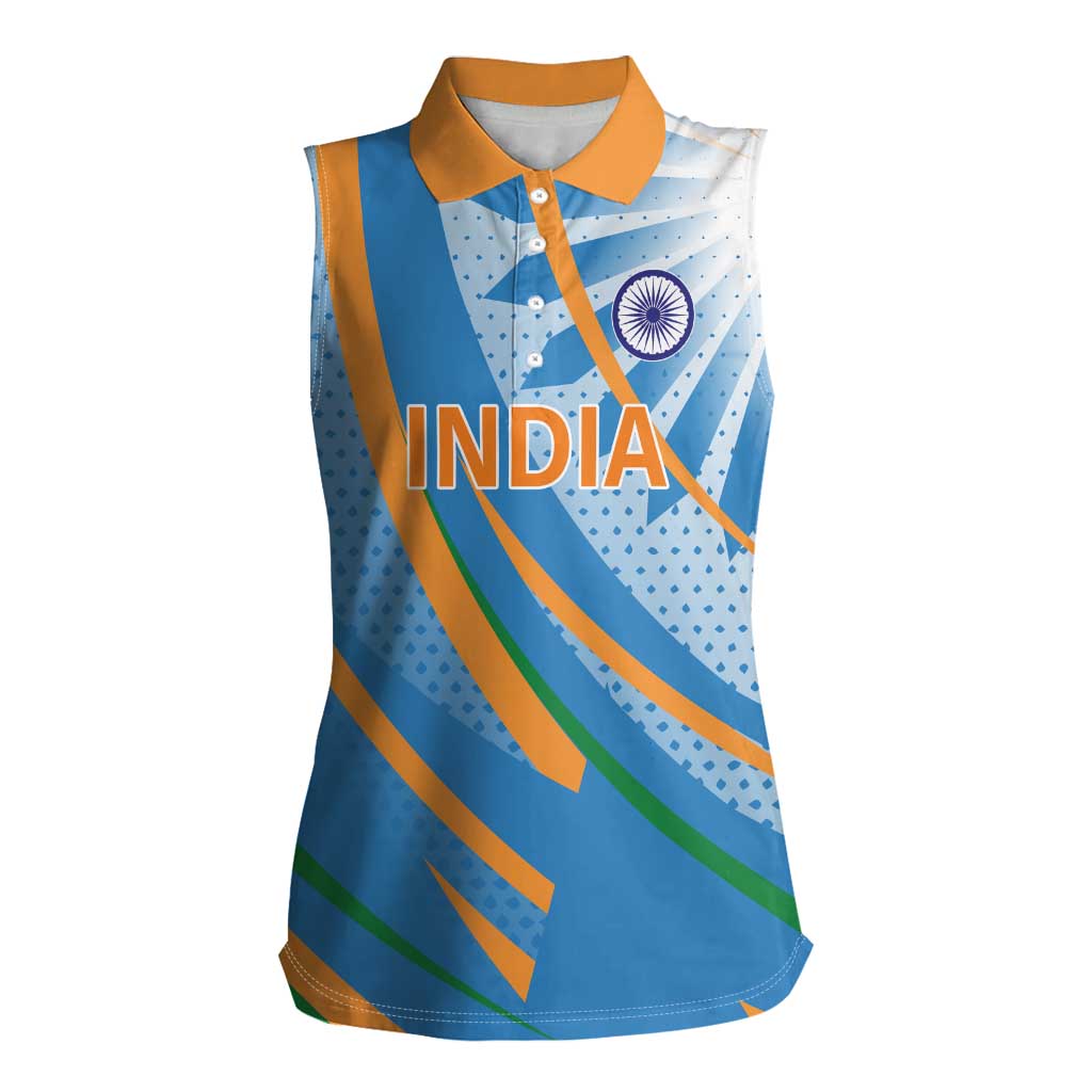 Custom India Cricket Women Sleeveless Polo Shirt Tricolor with Ashoka Chakra
