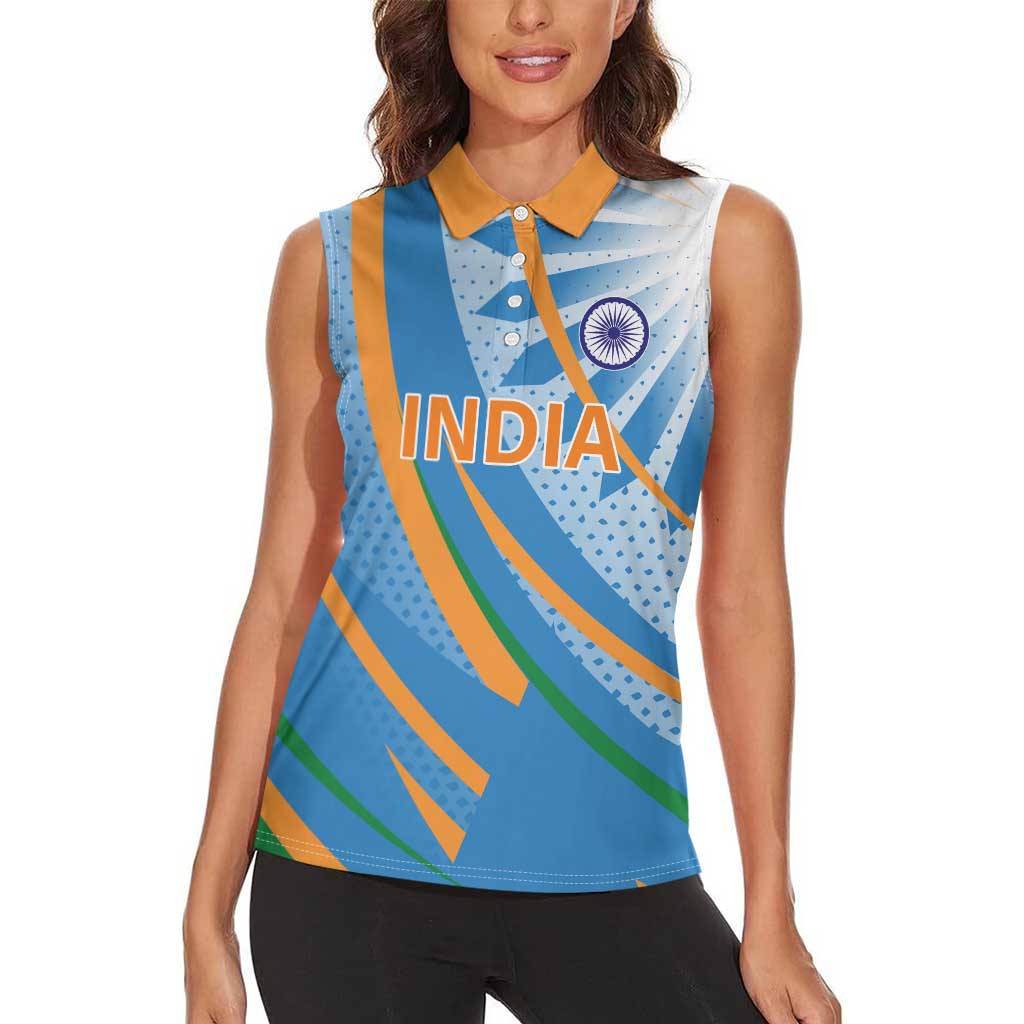 Custom India Cricket Women Sleeveless Polo Shirt Tricolor with Ashoka Chakra