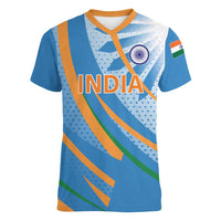 Custom India Cricket Women V-Neck T-Shirt Tricolor with Ashoka Chakra