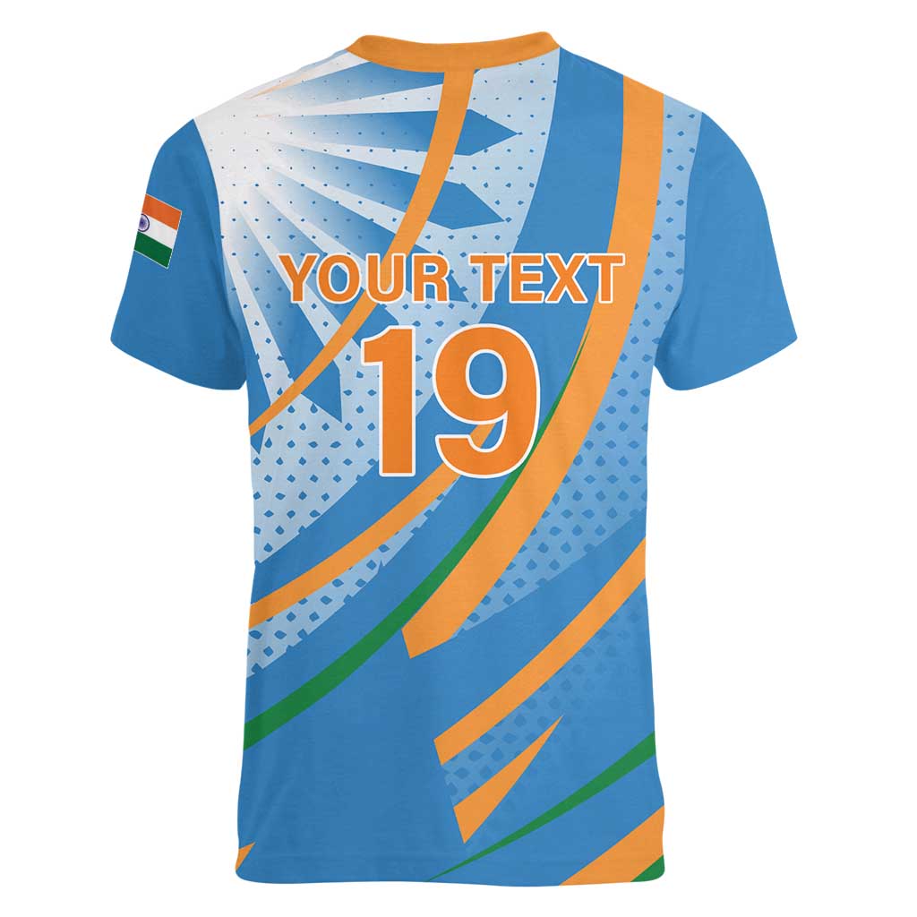 Custom India Cricket Women V-Neck T-Shirt Tricolor with Ashoka Chakra