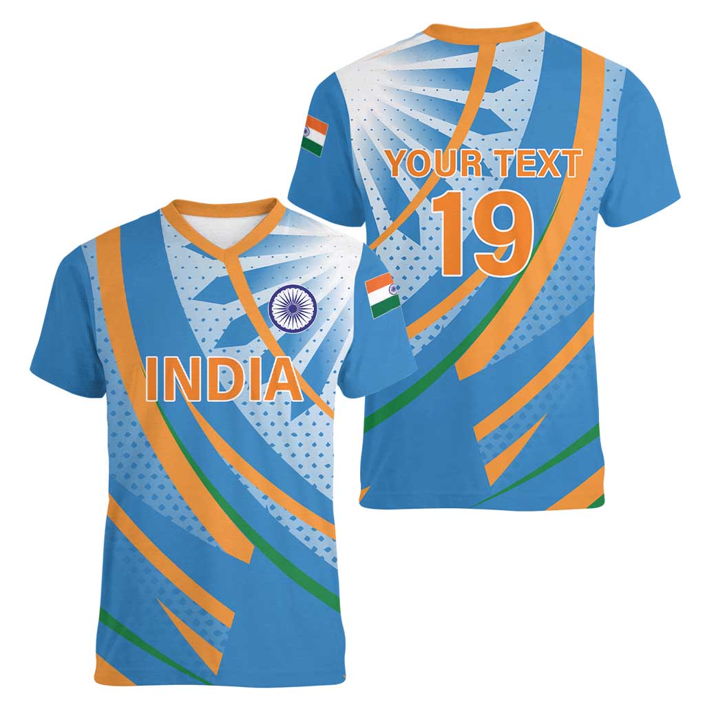 Custom India Cricket Women V-Neck T-Shirt Tricolor with Ashoka Chakra