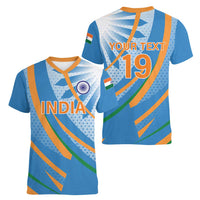Custom India Cricket Women V-Neck T-Shirt Tricolor with Ashoka Chakra
