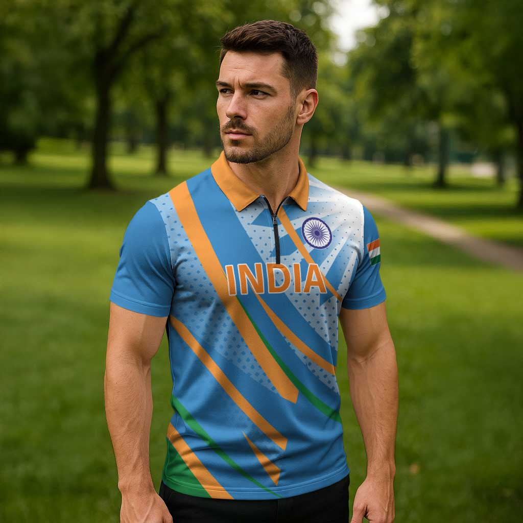 Custom India Cricket Zipper Polo Shirt Tricolor with Ashoka Chakra