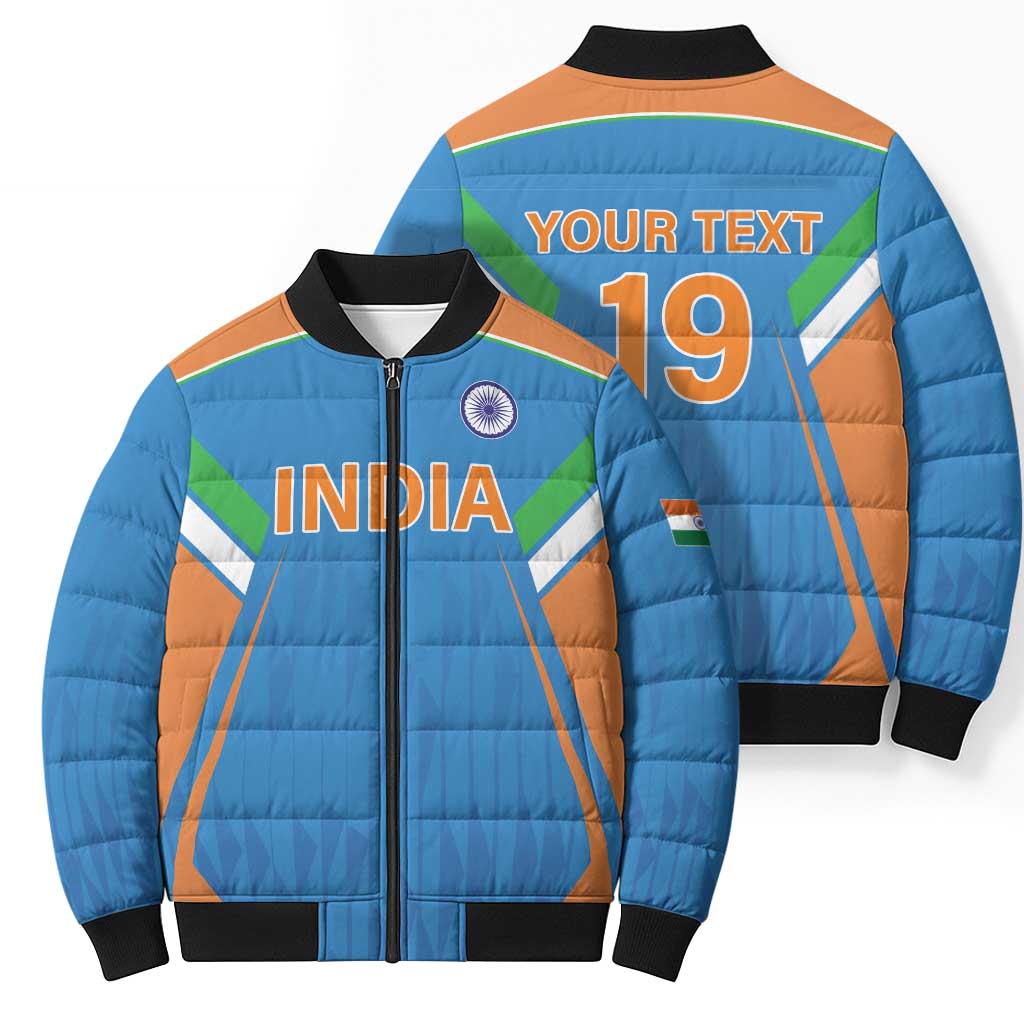 Custom India Cricket Bomber Puffer Jacket Let’s Go Champions Men in Blue