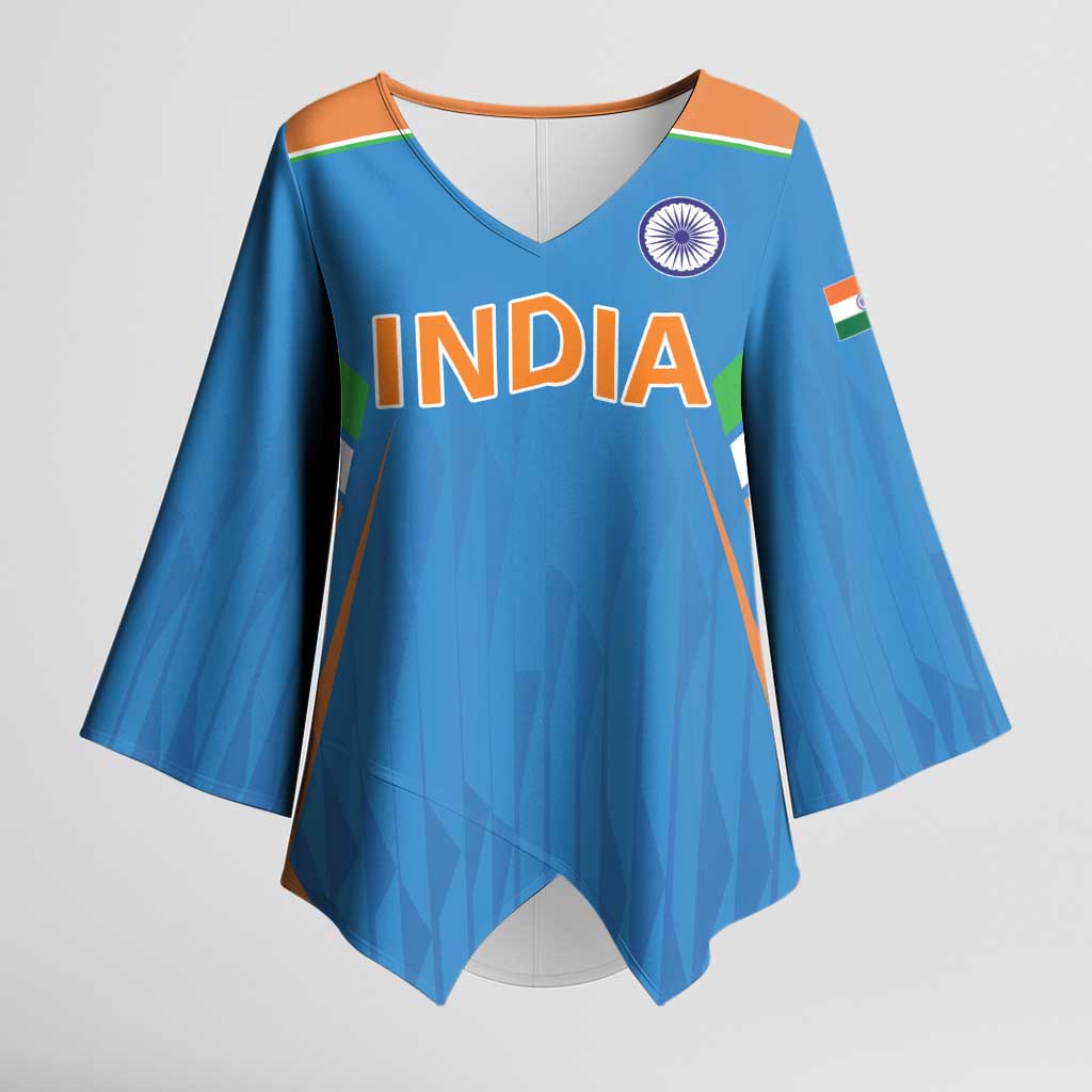 Custom India Cricket Kimono Sleeve Blouse Let’s Go Champions Men in Blue