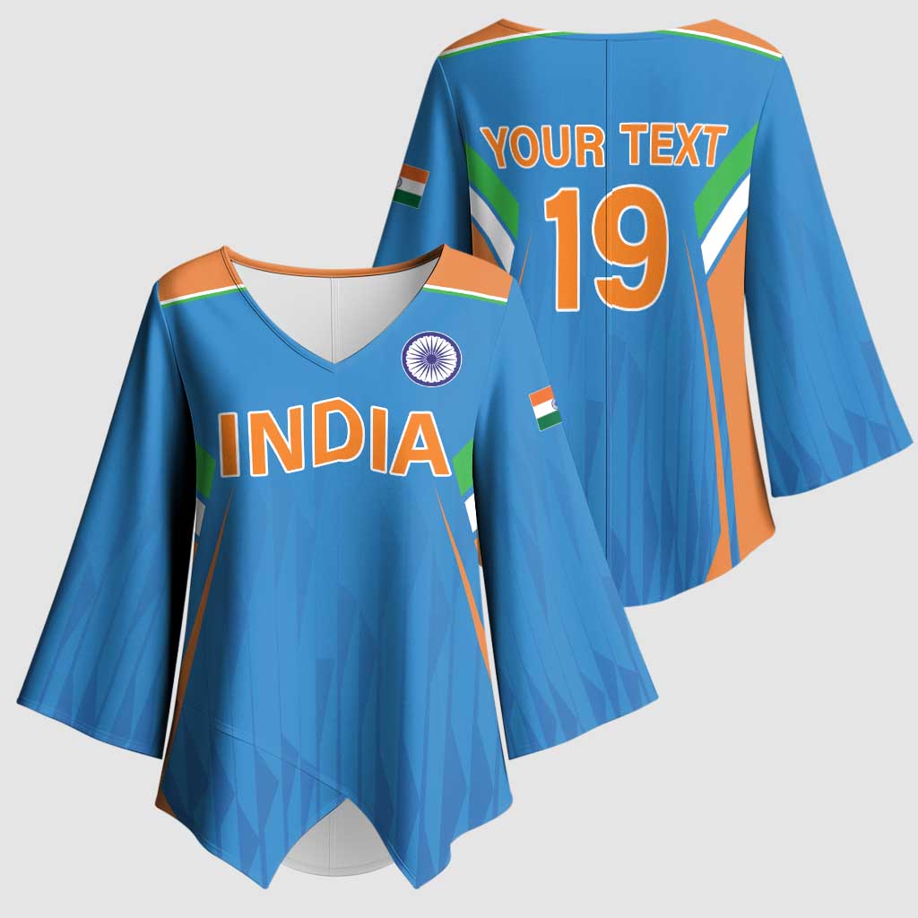 Custom India Cricket Kimono Sleeve Blouse Let’s Go Champions Men in Blue