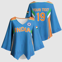 Custom India Cricket Kimono Sleeve Blouse Let’s Go Champions Men in Blue