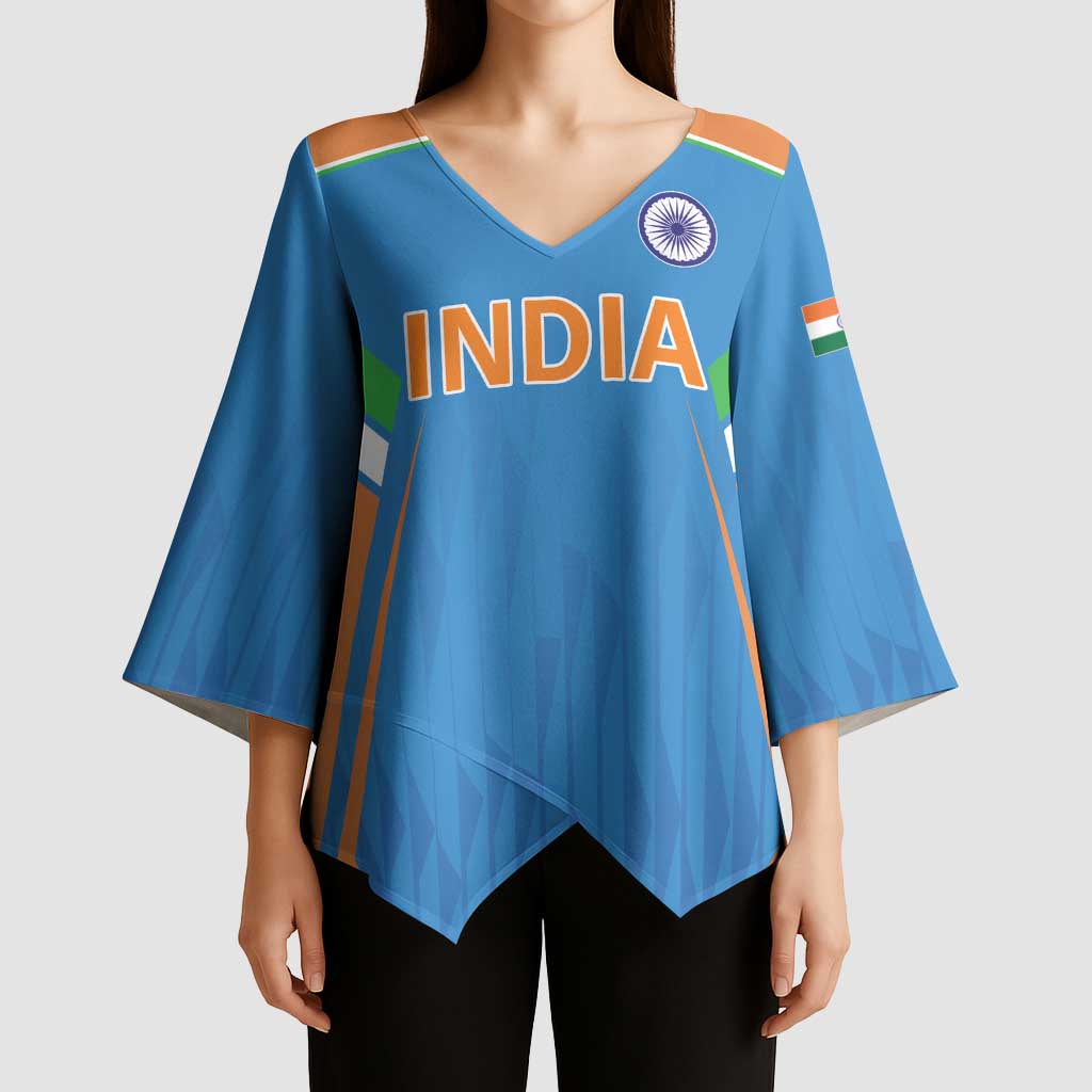 Custom India Cricket Kimono Sleeve Blouse Let’s Go Champions Men in Blue