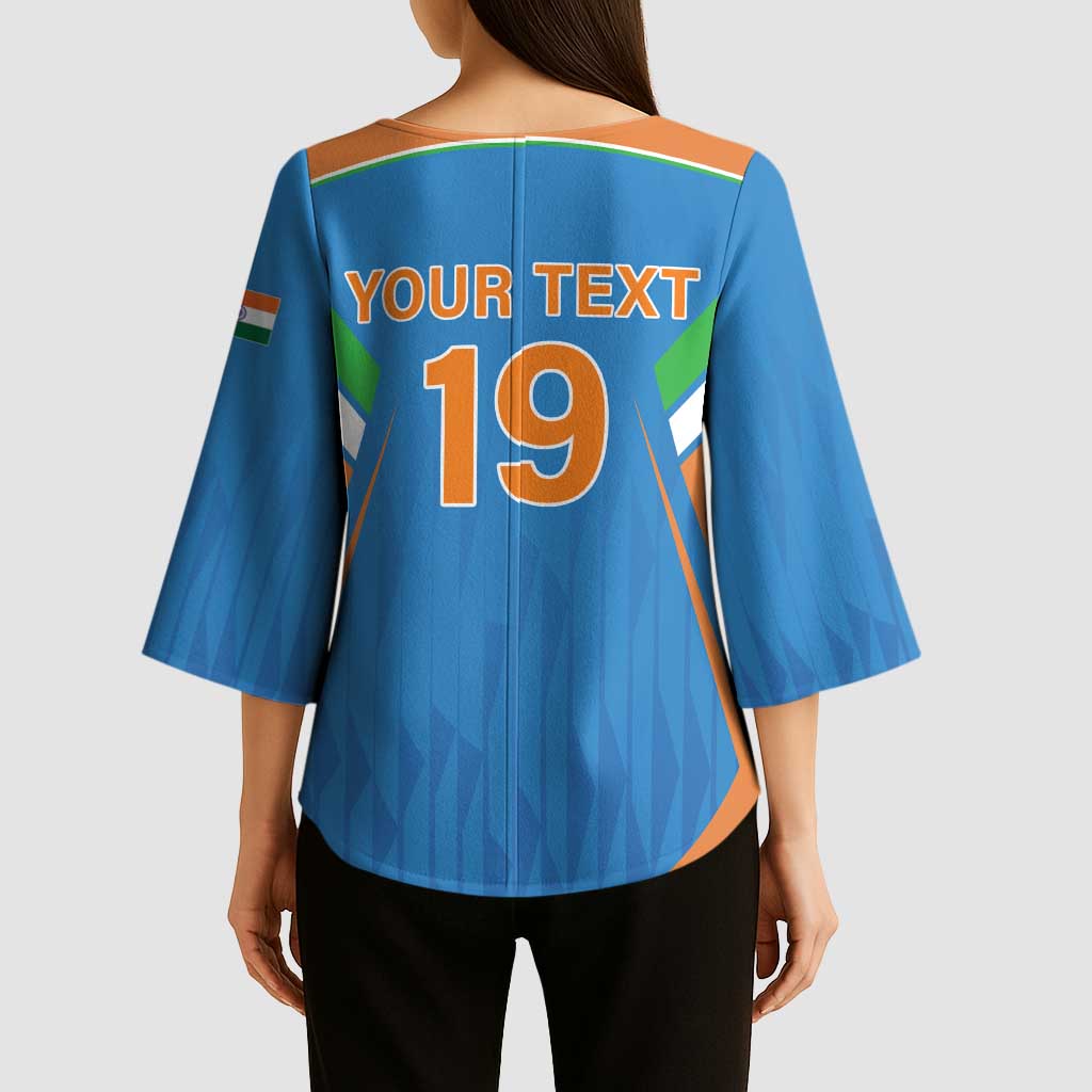 Custom India Cricket Kimono Sleeve Blouse Let’s Go Champions Men in Blue