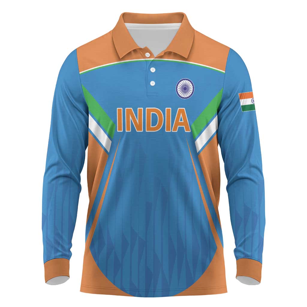Custom India Cricket Long Sleeve Polo Shirt Let’s Go Champions Men in Blue