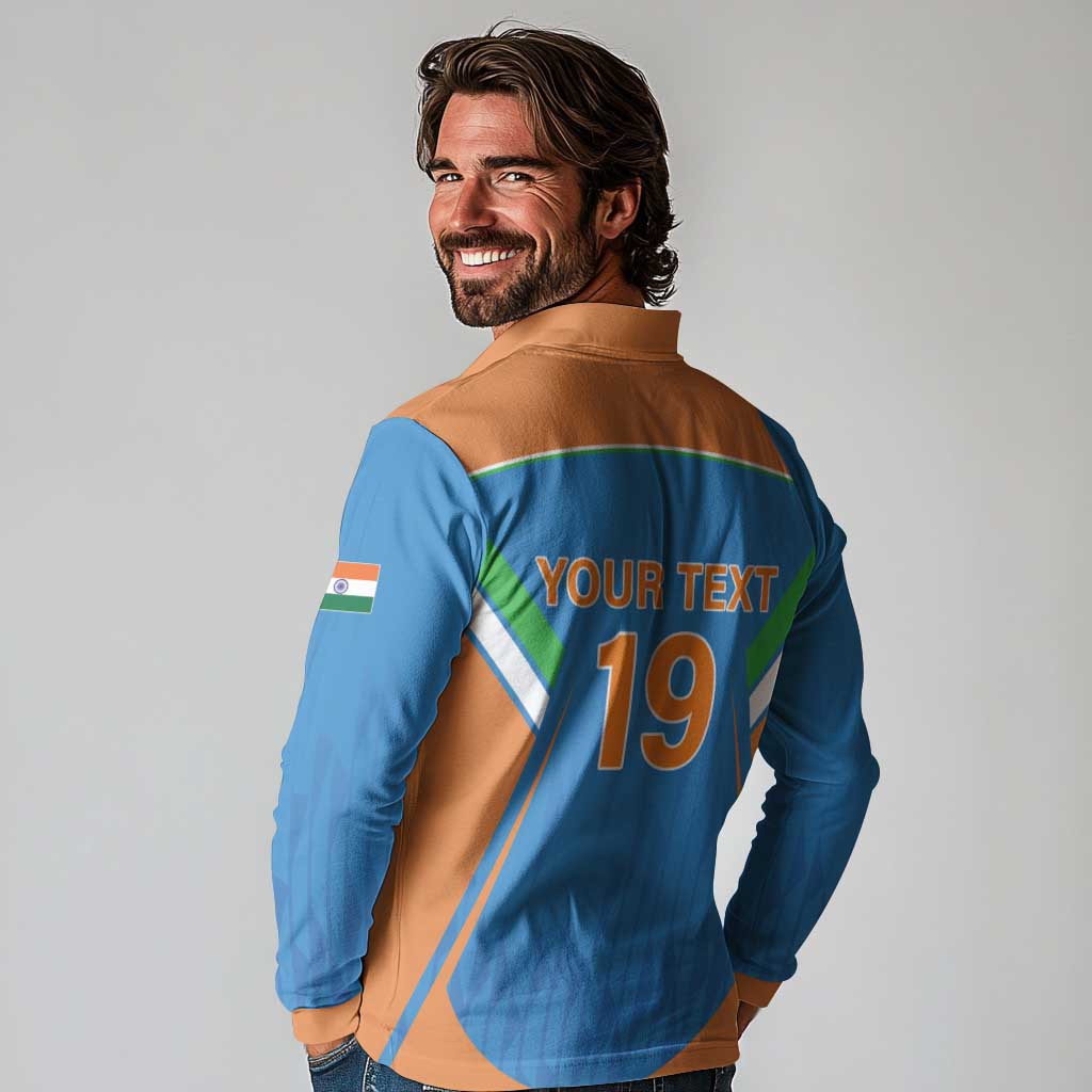 Custom India Cricket Long Sleeve Polo Shirt Let’s Go Champions Men in Blue