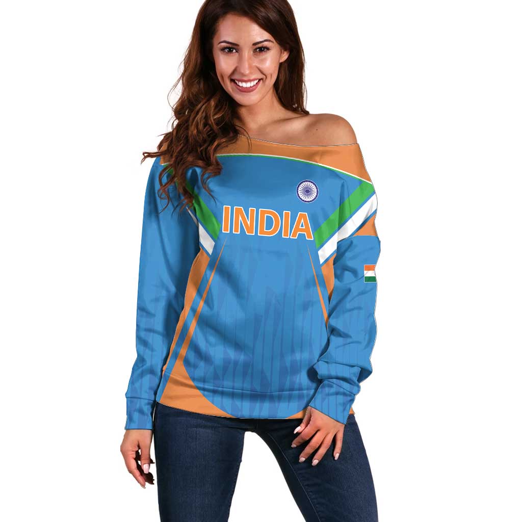 Custom India Cricket Off Shoulder Sweater Let’s Go Champions Men in Blue